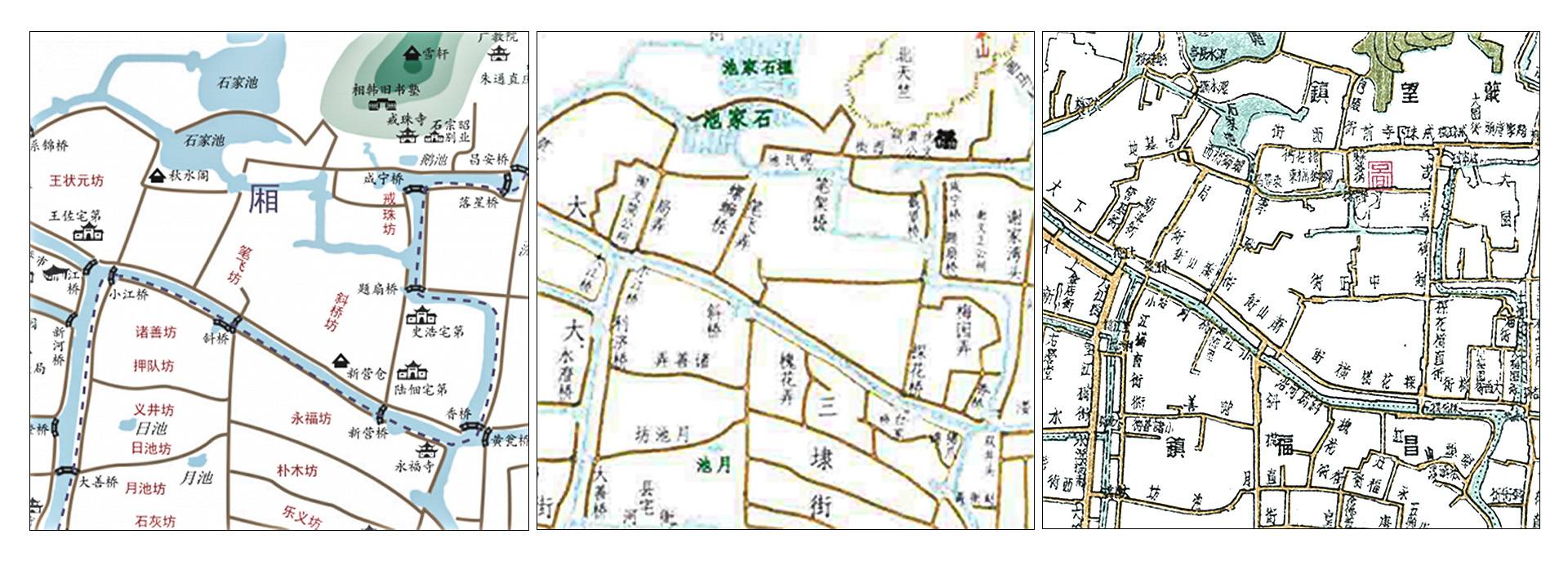 圖3 紹興各個(gè)時(shí)期老地圖，從左到右：南宋時(shí)期紹興府城圖書圣故里片、光緒時(shí)期書圣故里地圖、民國時(shí)期1939年書圣故里地圖.jpg