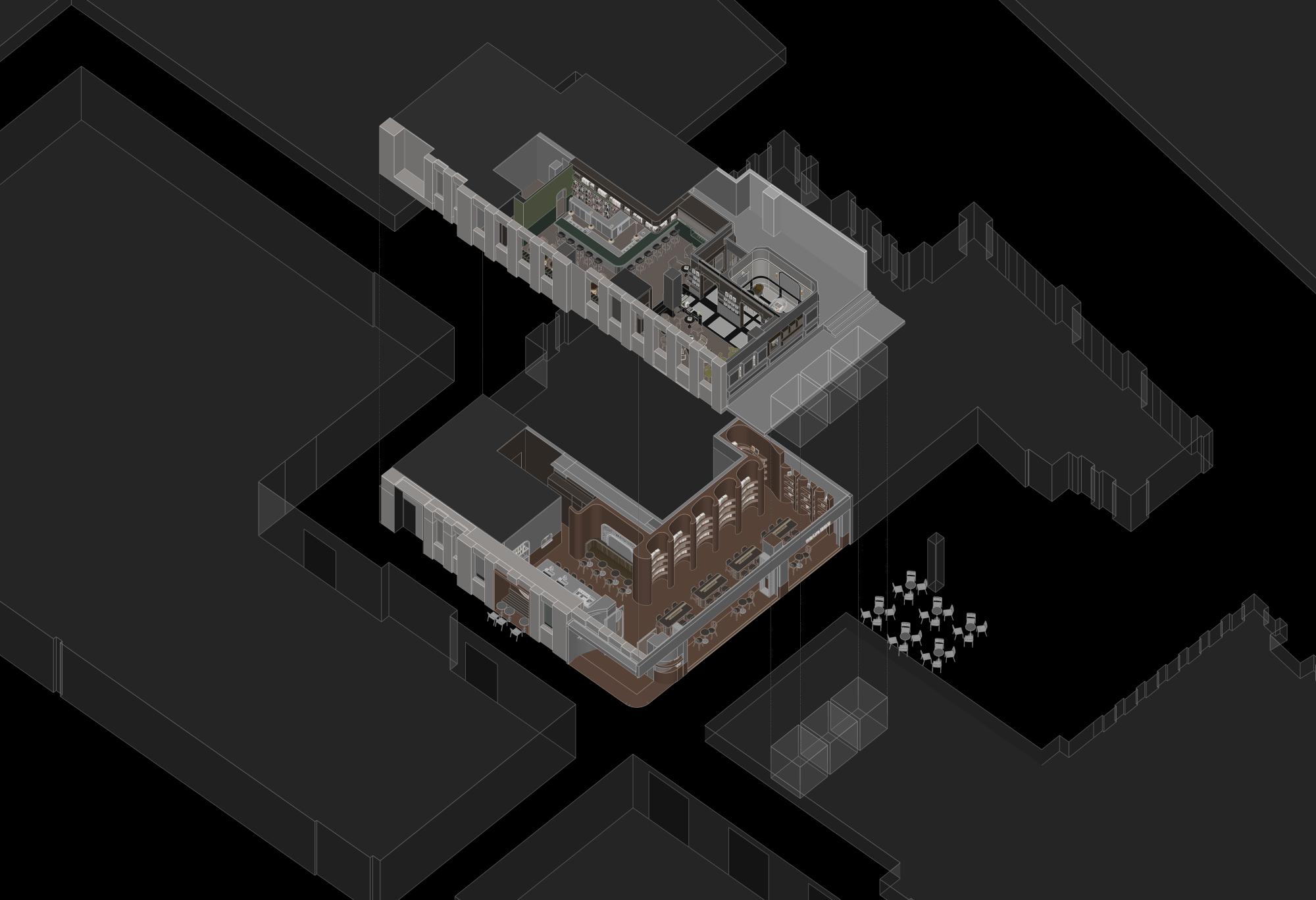 02Axonometric drawing of both floors and streets  兩層店鋪與街區(qū)的軸測圖.jpg