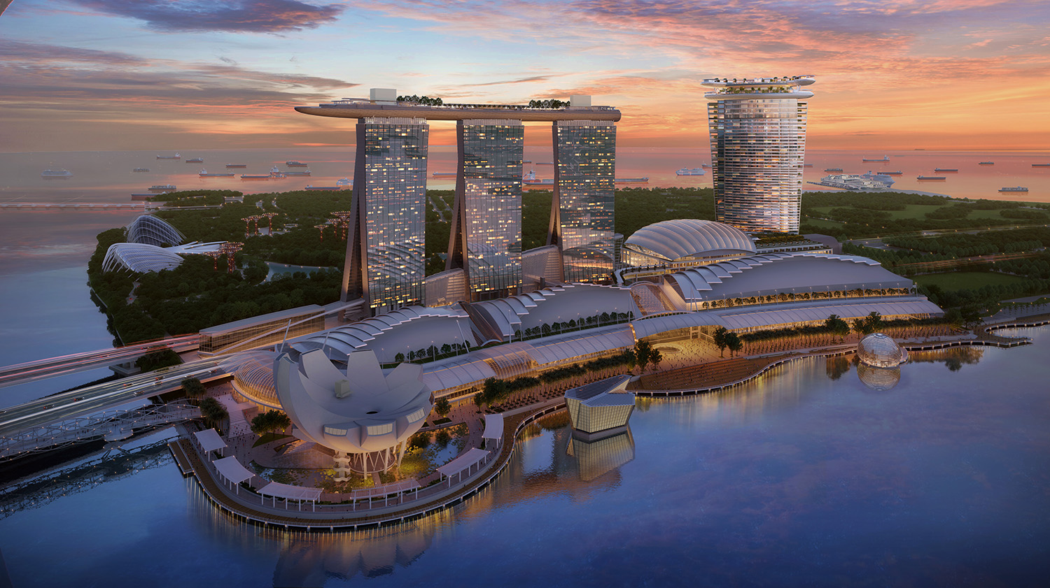 175316560132732977gB.jpg The envisioned waterfront with Las Vegas Sands’ new ultra-luxury development featuring a 55-storey hotel tower and podium with 15,000-seat arena situated adjacent to the existing Marina Bay Sands_credit to Safdie Architects.jpg